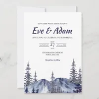 Navy Mountain Pine Ridge Watercolor Winter Wedding Invitation
