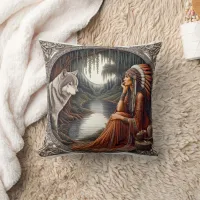 Native American Woman Contemplating With Wolf Throw Pillow