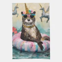 Whimsical Otter and Unicorns Floating on a River Kitchen Towel