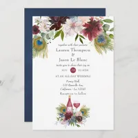 Burgundy and Navy Peacock Wine Themed Wedding Invitation