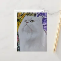 White Cat in Flowers collage Postcard