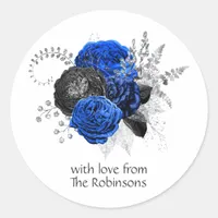 Royal Blue, Black and Silver Floral Classic Round Sticker
