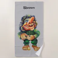 Scandinavian Funny Troll Illustration Watercolor Beach Towel