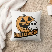 Cheerful ghost by a playful pumpkin throw pillow