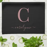 Girly Black Rose Gold Modern Monogram Name Kitchen Towel