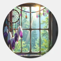 Pretty Boho Purple Dreamcatcher in Window   Classic Round Sticker