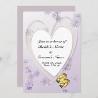 Purple Flowers, Heart, Rings, Rehearsal Dinner Invitation