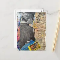 Retro man working cheeseburger Mixed media collage Postcard