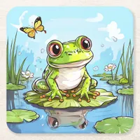 Cute Frog on a Lily Pad Cute Personalized Square Paper Coaster
