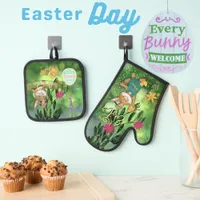 Whimsical Watercolor Bunny  Oven Mitt & Pot Holder Set