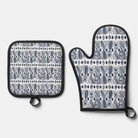 Caribbean Tribal Mudcloth: Navy Blue, White Oven Mitt & Pot Holder Set