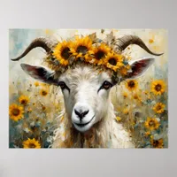 Adorable Angora Goat in the Sunflower Fields Poster