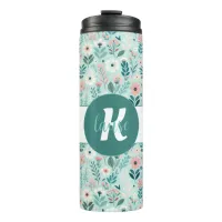 Pretty Blue and Pink Pastel Folk Art Flowers Thermal Tumbler