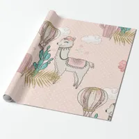 Pink and Gold Glitter Desert Steampunk Llama Wrapping Paper