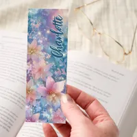 Pastel Flowers Sparkling Glitter Personalized Bookmarks