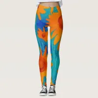 colorful orange sunflowers stylish modern art leggings