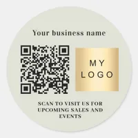 Business name sage green logo qr code classic round sticker