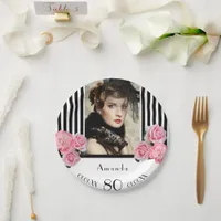 80th birthday black white stripes florals photo paper plates