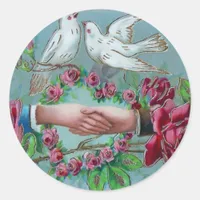 Doves and Handshake Birthday Classic Round Sticker