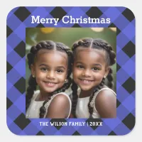 Blue Buffalo Plaid Custom Photo Merry Christmas Square Sticker