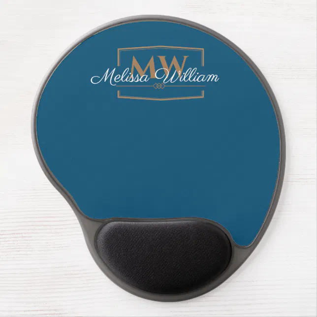 Elegant Blue White Gold Monogram Name Script Gel Mouse Pad