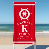 Personalized Red Ship Wheel Nautical Family Beach Beach Towel