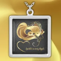 Gold goldfish on black foil monogram | silver plated necklace