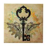 Steampunk Winged Key and Cog Wheel Ceramic Tile