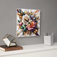 Vibrant Roses With Leaves on a Marble Background Square Wall Clock