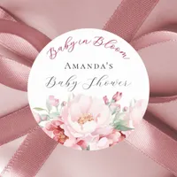 Baby Shower pink florals baby in bloom Classic Round Sticker