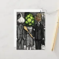 A garlic, an artichoke, and a spaghetti fork funny postcard