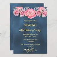 70th birthday party blue with pink flowers invitation