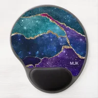 Blue Purple Aqua Gold Veins Agate Monogram Gel Mouse Pad