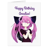 Anime Girl with Headphones Cat Ears Big Birthday  Card