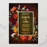 Bold Orange Rust Fall Floral Modern Wedding  Foil Invitation