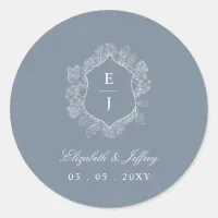 Dusty Blue Floral Crest Monogram Wedding Classic Round Sticker