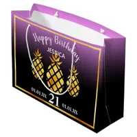 Birthday purple pink black pineapples name large gift bag