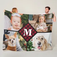 Personalized 4 Photo Collage Red Plaid Monogram Fleece Blanket