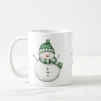 Cute Snowman in Green Scarf and Knit Beanie Coffee Mug