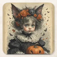 Creepy Victorian Girl Halloween Theme Square Paper Coaster