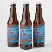 Wedding Party Let's Flamingle Bird Beach at Dusk Beer Bottle Label