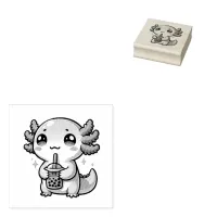 Cute Kawaii Axolotl with Bubble Tea Rubber Stamp