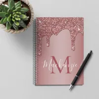 Girly Rose Gold Sparkle Glitter Drips Monogram Notebook