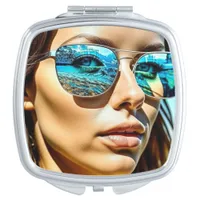 Pretty Woman with Reflection of Beach Sunglasses Compact Mirror