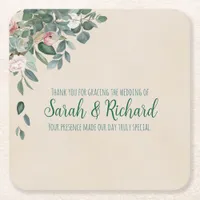 Blush Sage Floral Wedding Drink Square Paper Coaster