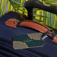 Dark Green Teal + Gold w. custom name Luggage Tag