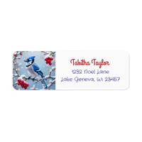 A Pretty Blue Jay on a Snowy Branch Christmas Label