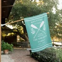 Welcome To Our Lake House Family Monogram Teal Flag
