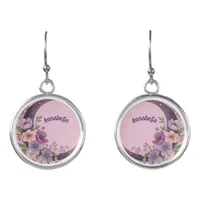 Purple Moon and Flowerss on Pink Background  Earrings