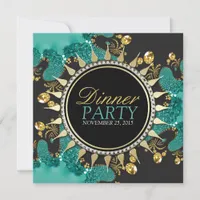 Teal Black Gold Fractal Swirl Dinner Party Invite